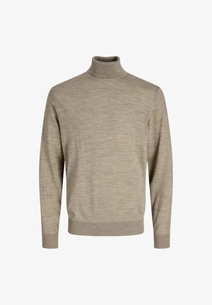 Béžový rolák vyrobený z měkké pleteniny. Má dlouhé rukávy, žebrované manžety a lem, s hladkým povrchem a jemným tonálním vzorem.