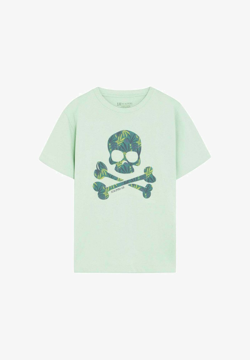 T-shirt vert clair à manches courtes avec un motif central de crâne et os croisés en feuillage foncé à l'avant.