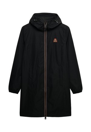 Black lightweight rain jacket with a hood, zipper front, elastic cuffs, side pockets, and an orange logo on the chest. Smooth texture.