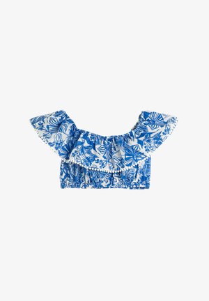 Blå blomster crop top med flæser på ærmerne, elastisk bånd og et let, tekstureret stof med hvide accenter og detaljerede botaniske mønstre.