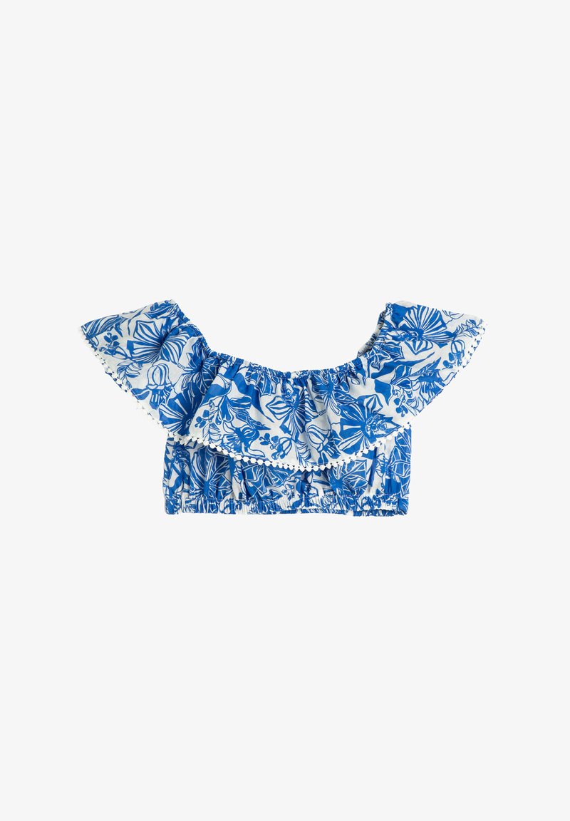 Niebieski kwiatowy crop top z falbanami, elastycznym pasem i lekkim, teksturowanym materiałem z białymi akcentami oraz szczegółowymi wzorami botanicznymi.