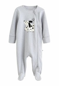 Gray cotton baby onesie with long sleeves, footed design, and a front zipper. Features a playful black and white dog graphic and text "LET'S GO."