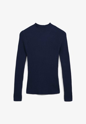 Navy ribbed long-sleeve sweater with a high neck. Features a fitted silhouette and textured surface, emphasizing a structured design.