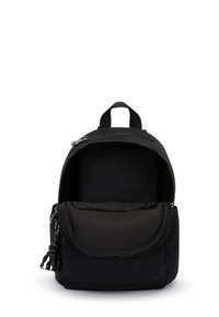 Sac à dos noir avec un compartiment zippé unique, en tissu doux, de forme arrondie, et une poche avant avec une fermeture éclair et un gland décoratif.