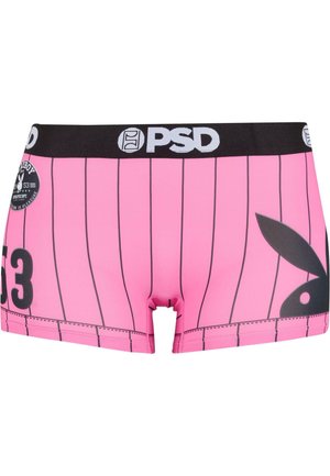 Lyserøde boksershorts med lodrette sorte striber, med en sort linning med "PSD" logo og stor sort kaninlogo på siden.