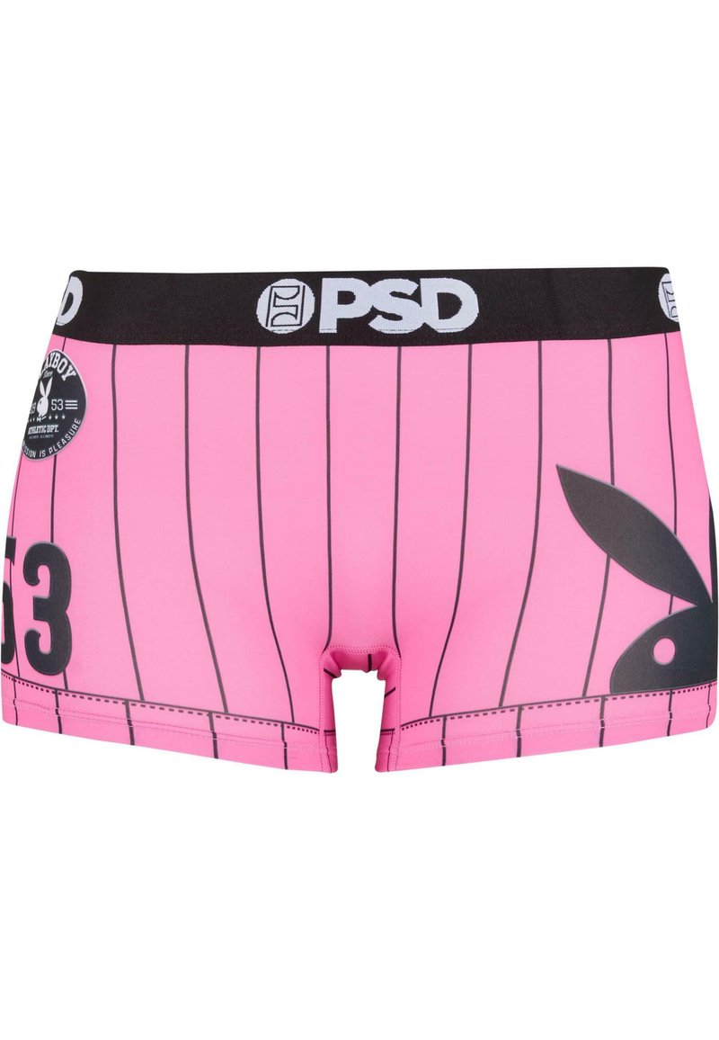 Boxer rosa con righe nere verticali, dotati di una cintura nera con logo "PSD" e un grande logo di coniglio nero sul lato.