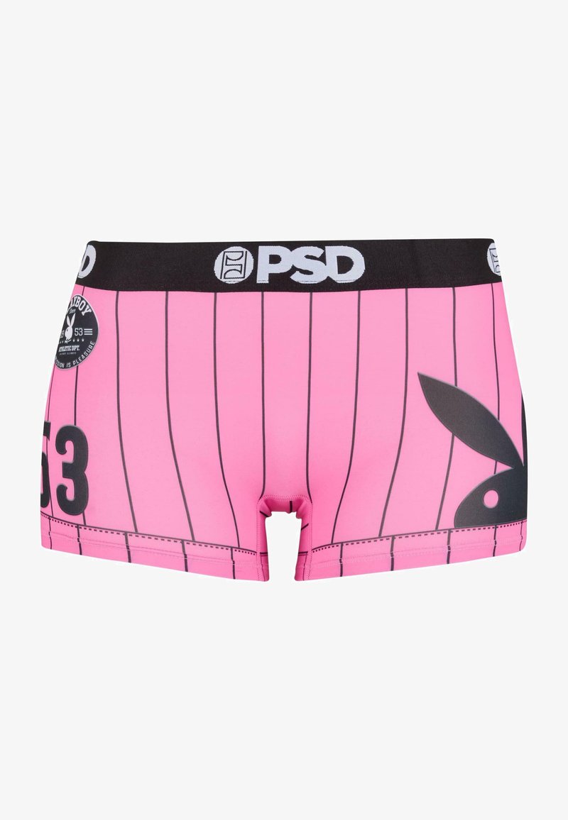 Boxer rosa con righe nere verticali, dotati di una cintura nera con logo "PSD" e un grande logo di coniglio nero sul lato.