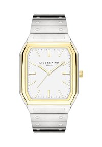 LIEBESKIND Uhr mit einem weißen rechteckigen Zifferblatt, goldenen Akzenten und einem silbernen Metallband mit runden Ausschnitten und einer gebürsteten Textur.