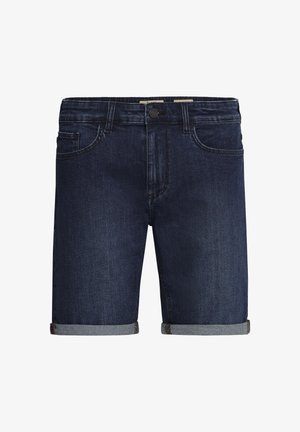 Tumed sinised teksased lühikesed püksid, millel on klassikaline viie tasku disain, rullitud äär ja nupuga sulgemine. Sile tekstuur.