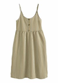 Robe sans manches à rayures verticales beige et blanches avec bretelles spaghetti et trois boutons sur le devant du corsage, taille froncée.