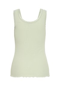 Light green ribbed tank top with lace trim on neckline and armholes, fitted cut with slightly ruffled hem.