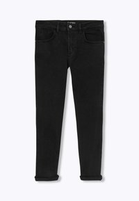 Jean noir en denim, coupe slim, avec une taille standard, cinq poches et des ourlets retroussés au bas.