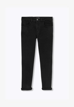 Jean noir en denim, coupe slim, avec une taille standard, cinq poches et des ourlets retroussés au bas.