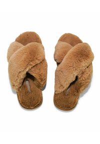 Brown fuzzy slippers with cross-straps, made of plush material, featuring a soft texture and a flat sole. Suitable for indoor use.