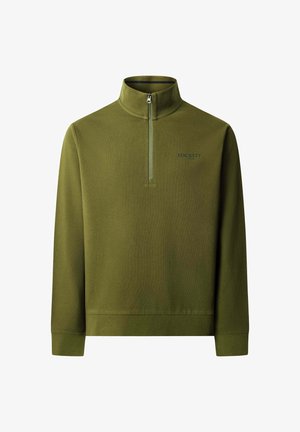 Sweat-shirt kaki à demi-fermeture éclair avec manches longues, en tissu texturé. Doté d'un petit logo Hackett sur la poitrine.