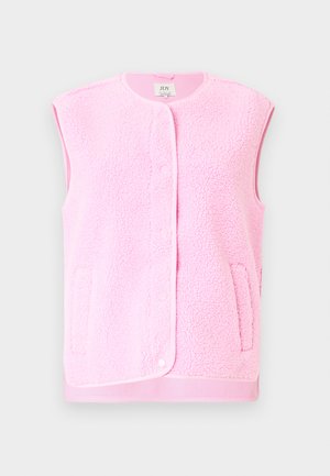 Pink fleece vest with sleeveless design, round neckline, front snap buttons, and side pockets. Soft texture and contrasting trim detail.