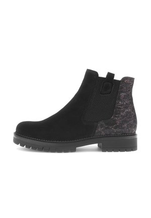 Black suede ankle boot featuring a textured purple accent at the heel, elastic side panels, and a chunky rubber sole.