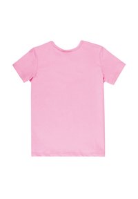 T-shirt di cotone rosa, maniche corte, collo rotondo a giro, texture liscia, design semplice, senza accenti o motivi visibili sul retro.