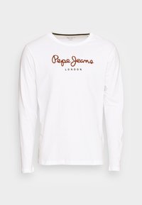 Langærmet hvid T-shirt lavet af bomuld, med et brunt "Pepe Jeans" logo og "LONDON" tekst centreret på brystet.