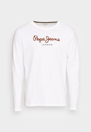 Pikkade varrukatega valge T-särk, mis on valmistatud puuvillast, millel on pruun "Pepe Jeans" logo ja "LONDON" tekst keskel rinnal.