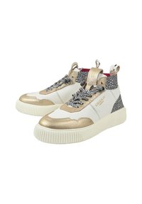 Wysokie sneakersy z białej skóry, złotymi akcentami, panelami w panterkę oraz sznurowadłami z wzorem. Posiadają teksturowaną podeszwę i pętelkę do zakładania.