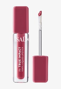 Rossetto liquido vinilico in un tubo trasparente con un cappuccio rosa. Include un applicatore a piuma, che mostra una tonalità di rosa vibrante sulla punta.