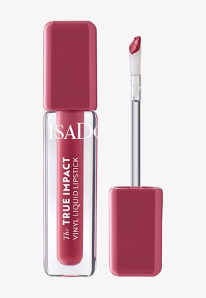 Rouge à lèvres liquide vinyle dans un tube transparent avec un capuchon rose. Comprend un applicateur en mousse en forme d'œuf, mettant en valeur une teinte rose vibrante sur la pointe.