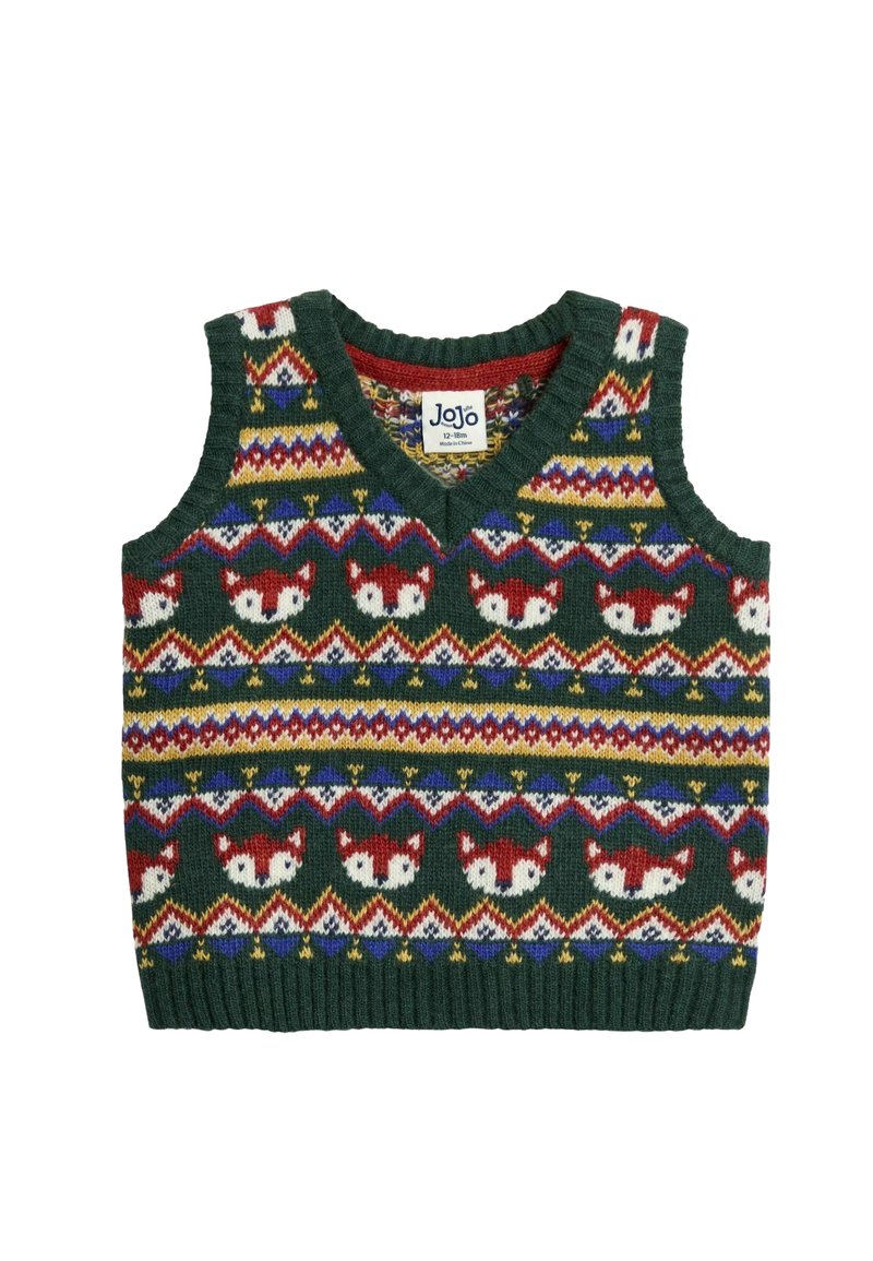 Dětská pletená bezrukávová vesta s multicolor geometrickými pruhy a červenými liščími obličeji na tmavě zeleném pozadí, velikost 12-18 měsíců.