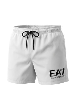 Costume da bagno bianco da uomo con coulisse nera e logo EA7 Emporio Armani nero sulla gamba sinistra.