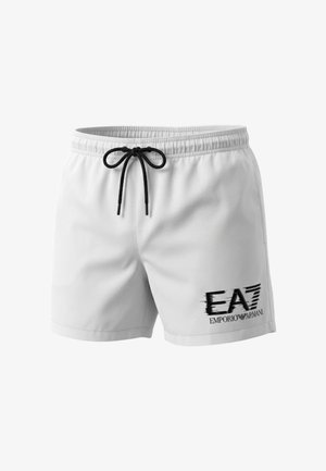 Costume da bagno bianco da uomo con coulisse nera e logo EA7 Emporio Armani nero sulla gamba sinistra.