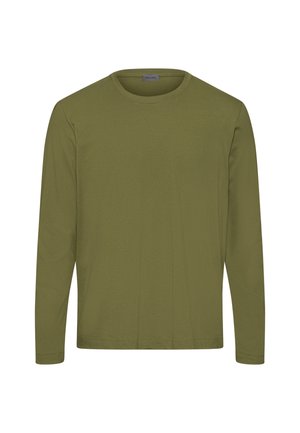 T-shirt à manches longues couleur vert olive avec un col rond, un design uni et une étiquette de marque visible à l'intérieur du col.