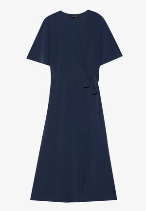 Navy blue wrap dress with short sleeves, tie detail at the waist, and a flowing A-line shape. Smooth fabric with a subtle texture.