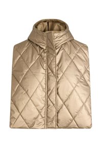 Cappa beige trapuntata con colletto alto e cappuccio. Presenta un motivo a diamante, una texture liscia e lucida, e un'apertura frontale senza chiusure.