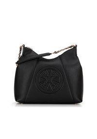 Schwarze Lederhandtasche mit strukturierter Oberfläche, ausgestattet mit einem kreisförmigen, geprägten Design und einem Kettenriemen. Geschwungene Form mit einem Reißverschluss.