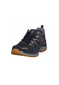 Navy blue hiking shoe with mesh accents, orange logo, rubber sole, and cushioned midsole. Features a reinforced toe and lace-up design.