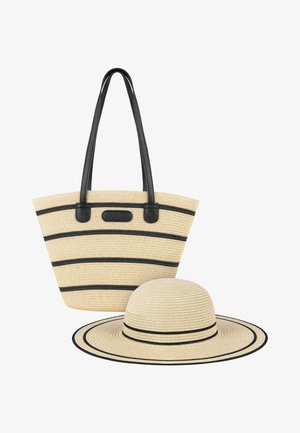 Woven beige tote bag with black stripes and handles, paired with a matching wide-brimmed sun hat featuring black trim.