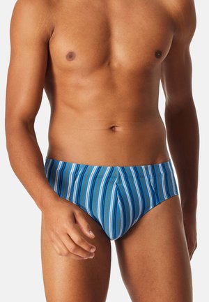 Blaue und weiße gestreifte Badehosen mit dunkleren blauen und braunen Akzenten. Sie verfügen über ein figurschmeichelndes Design und einen glatten, elastischen Stoff.
