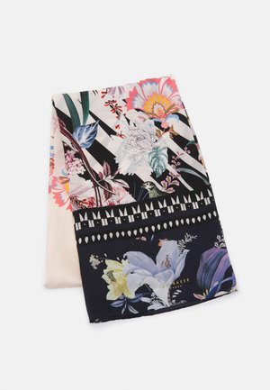 Tissu plié avec un motif floral et rayé en noir, blanc, rose et vert, présentant de grandes fleurs et feuilles.