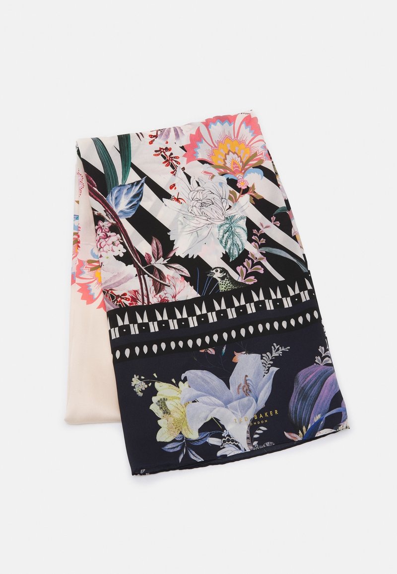 Tissu plié avec un motif floral et rayé en noir, blanc, rose et vert, présentant de grandes fleurs et feuilles.