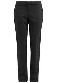 Pantaloni neri su misura con taglio dritto, realizzati in un tessuto morbido. Presentano una parte anteriore piatta, due tasche laterali e passanti per cintura.
