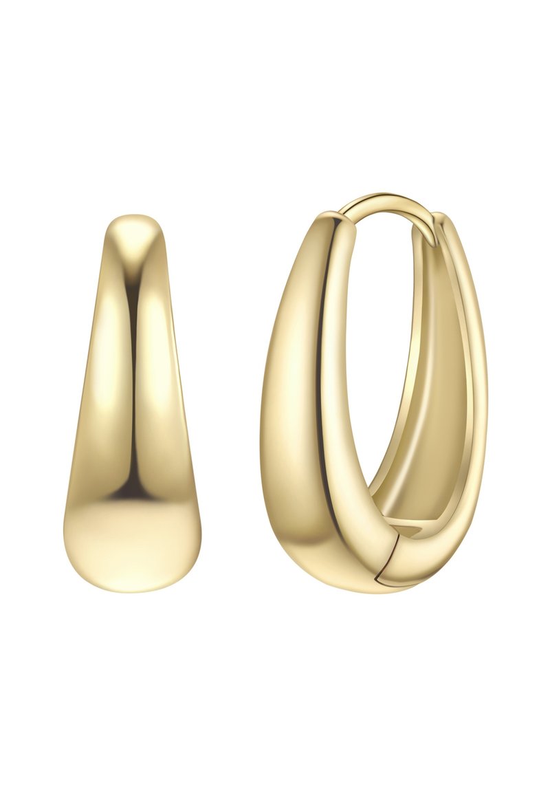 Goldene Creolen mit einem glatten, runden Design und einer polierten Oberfläche. Der größere Ring hat einen sicheren Verschluss, während das kleinere Stück in seiner Form kontrastiert.