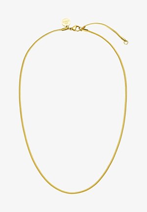 Gouden metalen ketting met een soepele, flexibele slangkettingontwerp, voorzien van een karabijnsluiting en een klein rond hangertje.