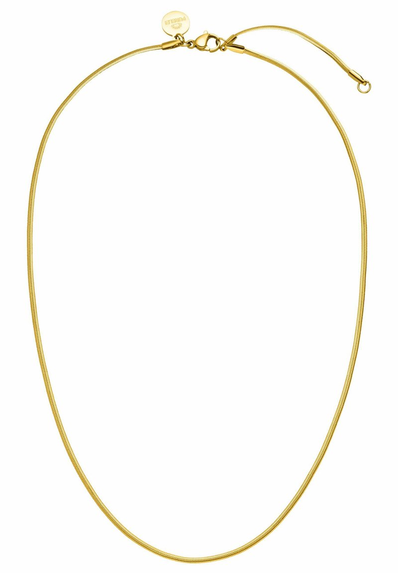 Gouden metalen ketting met een soepele, flexibele slangkettingontwerp, voorzien van een karabijnsluiting en een klein rond hangertje.