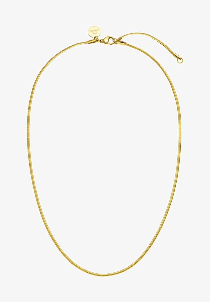 Vergoldete Metallkette mit einem glatten, flexiblen Schlangenkettendesign, einem Karabinerverschluss und einem kleinen runden Anhänger.