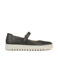 Chaussure de style Mary Jane en matériau texturé gris foncé, avec un bout rond, une sangle ajustable et une semelle en caoutchouc blanche avec des rainures.