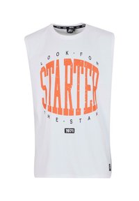 White sleeveless t-shirt made of cotton, featuring a large distressed orange graphic with the text "STARTER" and "1971" at the bottom.