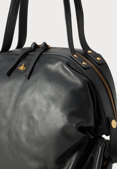 Black leather handbag with a structured shape, gold-tone zipper detailing, and dual handles for carrying. Features a logo tag and smooth texture.