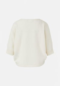 Cremefarbener Strickpullover mit kurzen Ärmeln, einem Bootsausschnitt und lockerem Sitz, Rückansicht.