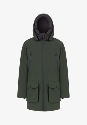 Ciemnozielona wodoodporna kurtka z kapturem, zapinana na zamek, z dwiema kieszeniami na zamek na piersi oraz dwiema kieszeniami z klapami z przodu. Gładka faktura.