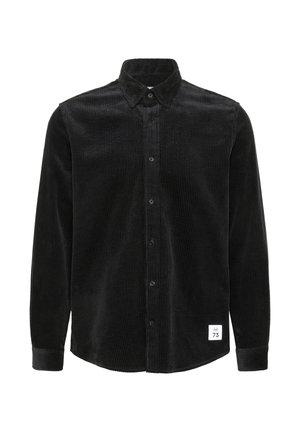Schwarzes Cordhemd mit Button-Down-Kragen, langen Ärmeln und Knöpfen an der Vorderseite; verfügt über eine subtile vertikale Rippstruktur und ein Etikett am Saum.